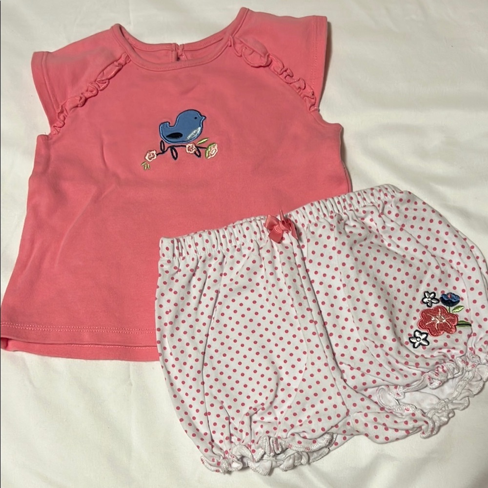 Absorba 2-piece Outfit Set Bird Papaya Cotton Shirt and Polka Dot Shorts 18m